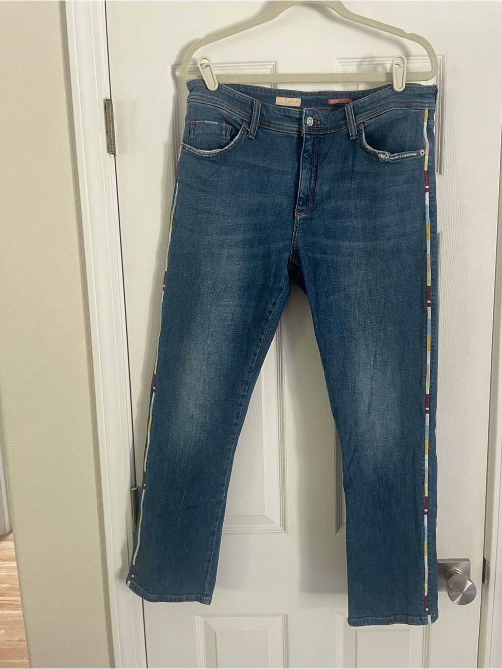 Pilcro Slim Boyfriend Crop Blue Denim Jeans with Multicolor Side Stripe
